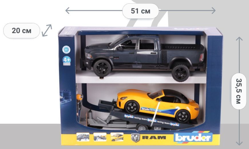 Іграшкова спеціалізована техніка Bruder Джип Dodge RAM 2500 із причепом-евакуатором (02504) 643947 фото