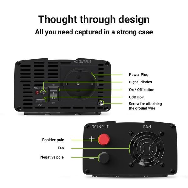 Перетворювач DC-AC Green Cell INV08 12V/230V 1000W/2000W 461147 фото